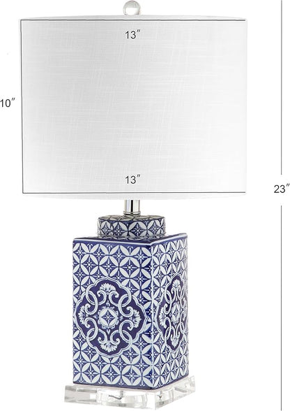 JONATHAN Y 23" Blue and White Chinoiserie Ceramic Table Lamp, Traditional Hand-Painted Bedside Lamp for Living Room Bedroom, White Linen Drum Shade, LED Bulb Included JYL3006A