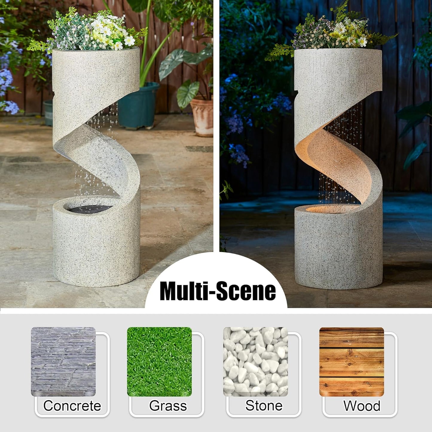 Glitzhome Decorative Tiered Outdoor Water Fountain with LED Light, Curved Waterfall Fountain with Stone Planter, Faux Terrazzo Spiral Shaped Fountains for Garden Deck Patio Porch, 31.25”H