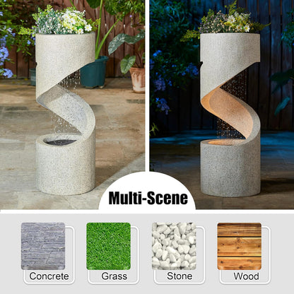 Glitzhome Decorative Tiered Outdoor Water Fountain with LED Light, Curved Waterfall Fountain with Stone Planter, Faux Terrazzo Spiral Shaped Fountains for Garden Deck Patio Porch, 31.25”H