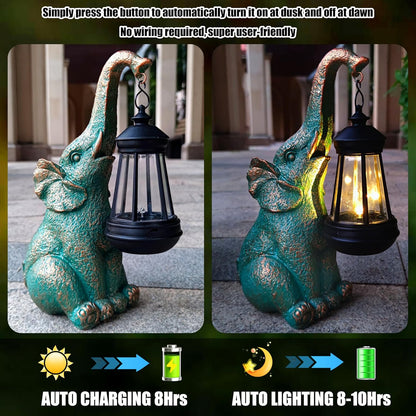 Elephant Garden Statue Outdoor Décor with Solar Lights Lantern,Elephant Solar Light Figurines Outside Decorations for Yard，Lawn Patio, Balcony, Unique Housewarming Gifts