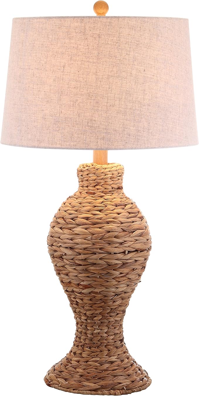 JONATHAN Y 31" Natural Woven Water Hyacinth Table Lamp for Living Room, Coastal Farmhouse Urn Bedside Lamp with Gray Linen Drum Shade, LED Bulb Included JYL1015A