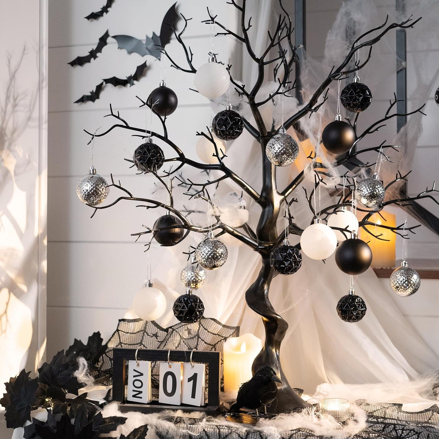Valery Madelyn Christmas Tree Decorations Ornament Set for Fall Halloween Decor, 50ct Black and White Shatterproof Christmas Ball Ornaments Bulk, 2.36 Inches Hanging Decor for Xmas Holiday Party
