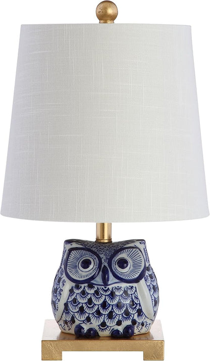 JONATHAN Y 16" Blue/White Ceramic Owl Mini Table Lamp for Bedroom or Office, Modern Farmhouse Nightstand Lamp with White Linen Shade, LED Bulb Included JYL3014A