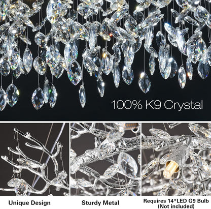 14-Light Modern Living Room Crystal Chandeliers,48" Round Silver Tree Branche Chandelier,Silver K9 Crystal Chandeliers for Dining Room,High Ceiling,Entryway、Foyer