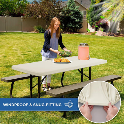 Fitted Tablecloth for 6 Foot Rectangle Tables-4 Pack Cream Elastic Outdoor Picnic Table Cover-Spandex Stretch Folding Table Cloths 6 ft for Camping Dining Room Patio Kitchen Banquet Party