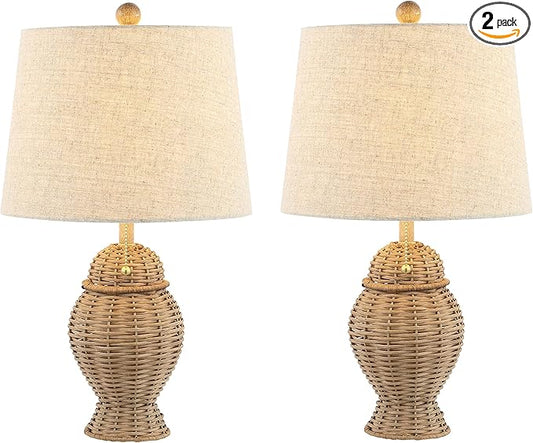 JONATHAN Y 20.5" Natural Wicker Table Lamp Set of 2, Bohemian Rustic Farmhouse Bedside Lamps for Living Room, Nightstand Desk Lamps with Beige Linen Shade, LED Bulbs Included JYL4041A-SET2
