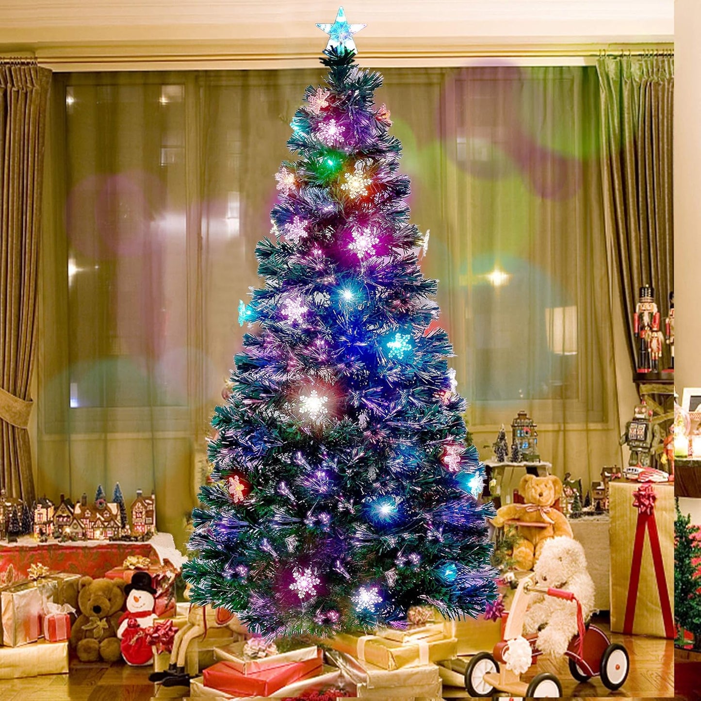 Juegoal 7 ft Pre-Lit Optical Fiber Christmas Artificial Tree, with LED RGB Color Changing Led Lights, Snowflakes and Top Star, Festive Party Holiday Fake Multicolor Xmas Tree with Sturdy Metal Legs