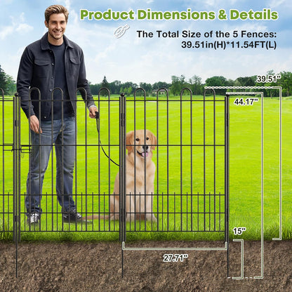 5 Panels Decorative Garden Fence with U-Shape and Latch Gate, 39.51in (H) X 11.54ft (L) Dog Fence Outdoor for Yard Security, Garden Fencing Includes Deep Stakes