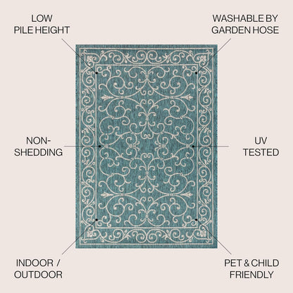 JONATHAN Y Vintage Filigree Indoor Outdoor Area Rug 4X6 Teal/Gray, Charleston Textured Weave for Backyard, Patio, Porch, Easy-Cleaning, High Traffic, Pet-Friendly, Non-Shedding (SMB106F-4)