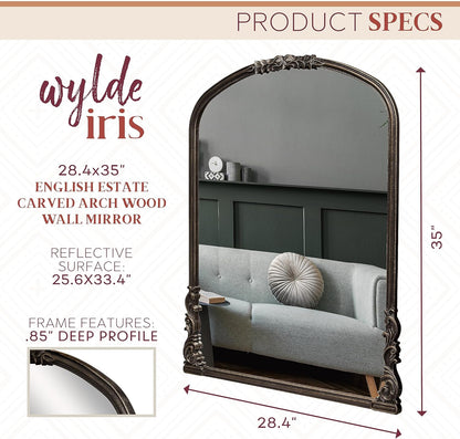 English Estate Carved Arch Wood Wall Mirror, Mirror for Entryway, Living Room, Bathroom, Antique Black, 28.4x35