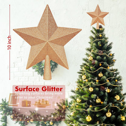 Tree Toppers Christmas Decorations, 10" Champagne Christmas Tree Star Topper, Hard Star Tree Topper Christmas Decorations Glitter Xmas Ornament for Holiday Home Xmas Party Decor Gathering Ornament