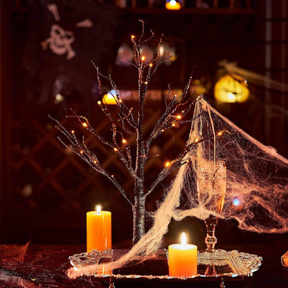 Hairui Lighted Tabletop Black Glittered Spooky Tree with Orange Lights 24 LED 18 Inches for Halloween Witch Decoration Battery Operated or USB Plug in Indoor Use