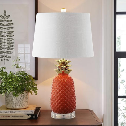 JONATHAN Y 23" Orange/Gold Pineapple Ceramic Table Lamp for Bedroom Decor, Modern Whimsical Bedside Nightstand Lamp with White Linen Drum Shade and LED Bulb (JYL4019E)