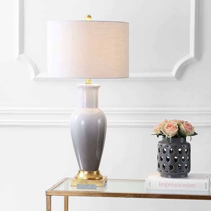 JONATHAN Y 31.5" White/Gray Dip Dye Ceramic Table Lamp for Living Room, Large Bedside Lamp for Bedroom with White Linen Drum Shade, Traditional End Table Light, LED Bulb (JYL3017B)