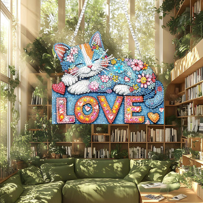 Lxmsja DIY Colorful Cat Diamond Painting Hanging Ornament, Double-Sided Acrylic Love Hearts Diamond Art Kit, Special Shaped Drill Pendant Window Art Kit, Suncatcher Hanging Craft Decoration 7×8 inch