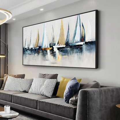 Abstract Wall Art Blue and White Sailboat Wall Paintings Framed Artwork for Living Room Bedroom Bathroom Office Home Decor Can Be Hung Directly 24"x 48"