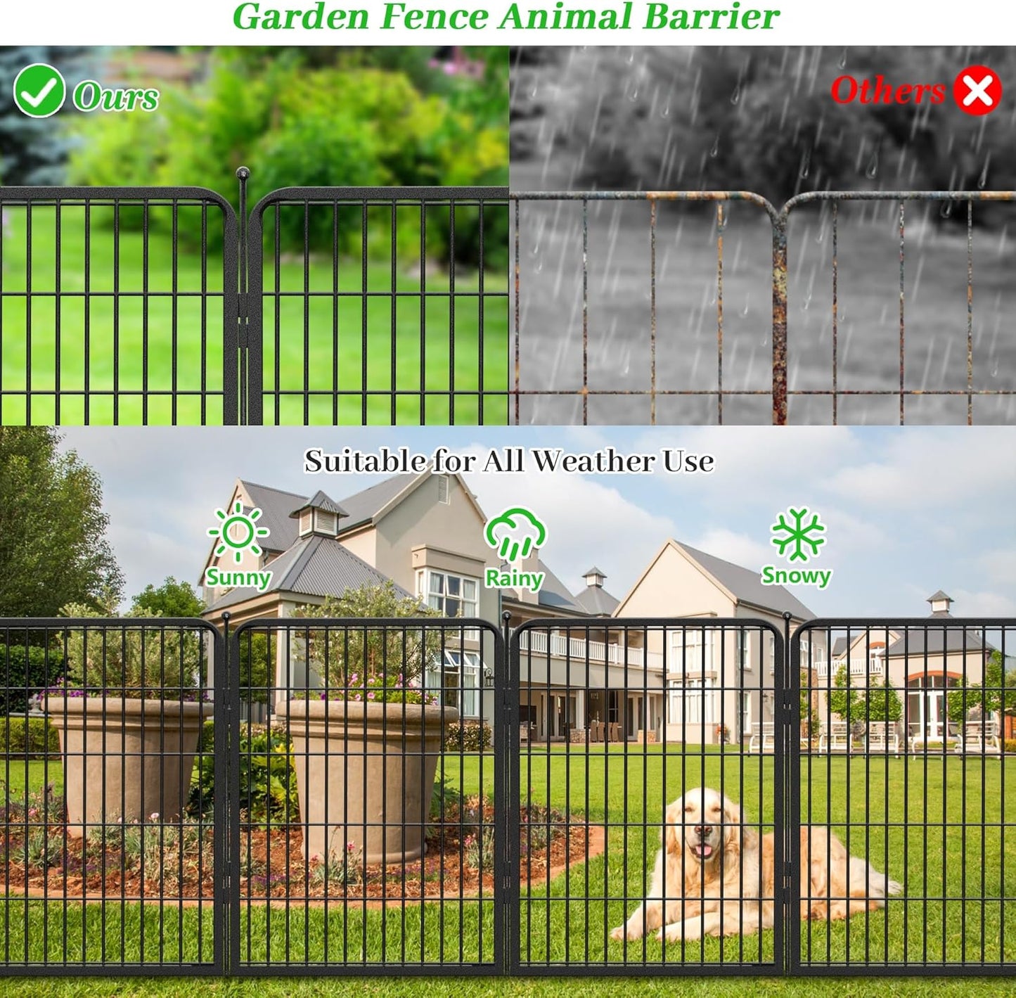 Decorative Black Metal Fencing Garden Fence with Gate, 23ft(L) 32in(H) 10 Fence Panels No Dig Fence Rustproof Animal Barrier Fence Temporary Dog Panels Fencing Outdoor