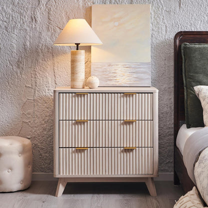 T4TREAM 32" Tall Fluted Nightstand Set of 2, Modern Side Table with 3 Drawers, End Table w/Storage, Bedside for Bedroom, Living Room, Curved Profile Design, White Alder