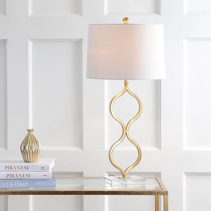 JONATHAN Y 31.5" Gold Curved Metal and Crystal Table Lamp, Modern Glam Bedside Lamp with White Linen Drum Shade for Living Room and Bedroom, LED Bulb Included JYL3028A