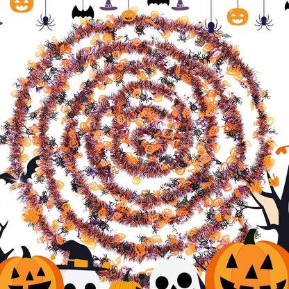 33 FT Halloween Tinsel Garland Decorations,Orange Purple Black Halloween Garland with Pumpkins, Bat, Spider Shiny Metallic Garlands for Indoor Outdoor Decorations
