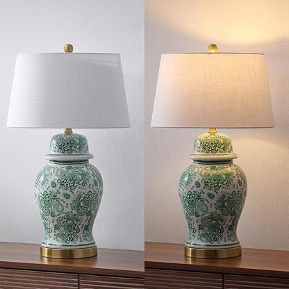 JONATHAN Y 29.5" Green/White Ceramic Table Lamp for Living Room and Office, White Linen Drum Shade, Traditional Chinoiserie Ginger Jar Lamp, LED Bulb Included (JYL3008D)