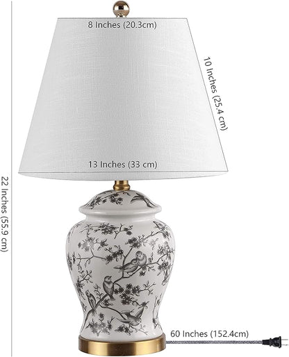 JONATHAN Y 22" Gray/White Ceramic Table Lamp, French Country Chinoiserie Ginger Jar LED Bedside Lamp for Living Room Bedroom, White Linen Shade (JYL3005C)