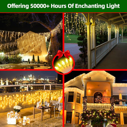 666 LED 66FT Icicle Lights Waterproof- 148 Drops 12 Modes Christmas Light with Memory Timer, Dimmable Christma TreeLights for Roof Balcony Holiday Gifts Warm White