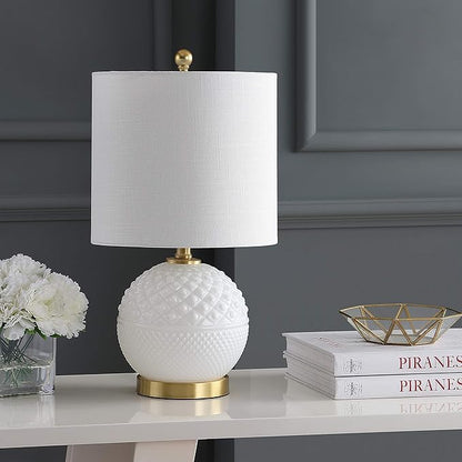 JONATHAN Y 20.5" White/Brass Gold Glass/Metal Table Lamp, Contemporary Hobnail Texture Globe Lamp with White Linen Shade for Living Room Bedroom, LED Bulb Included JYL1040A