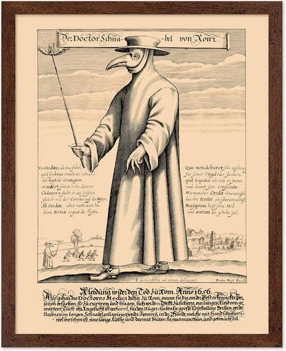 Poster Master Vintage Medieval Poster - Retro Illustration Print - Gift for Friend - Plague Doctor, Pandemic Mask, Physician, Black Death - Wall Decor for Home, Living Room, 8x10 Brown Framed