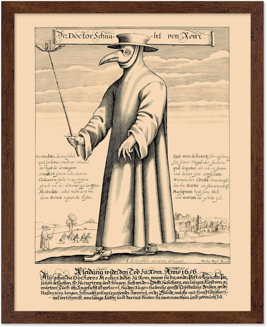 Poster Master Vintage Medieval Poster - Retro Illustration Print - Gift for Friend - Plague Doctor, Pandemic Mask, Physician, Black Death - Wall Decor for Home, Living Room, 8x10 Brown Framed