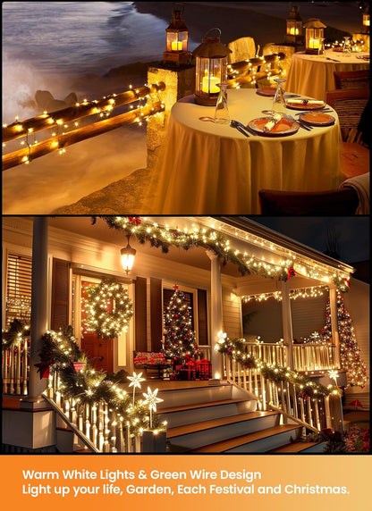 LED Christmas Mini Lights, 39 Feet 100 LED Clear Bulbs String Lights with 8 Light Modes, Connectable Fairy Lights Plug in for Outdoor Xmas Trees Garland Wreath Holiday Decorations, Warm White