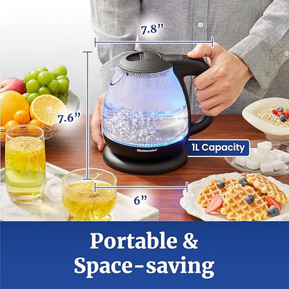 Elite Gourmet EKT1001B Electric 1.0L BPA-Free 1100W Glass Kettle Cordless 360° Base, Stylish Blue LED Interior, Handy Auto Shut-Off Function – Quickly Boil Water For Tea & More, Graphite Black