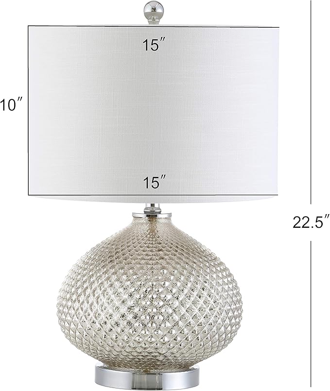 JONATHAN Y 22.5" Mercury Silver Textured Glass Table Lamp, Contemporary Nightstand Lamp for Living Room Bedroom, White Linen Drum Shade, LED Bulb Included JYL1082A