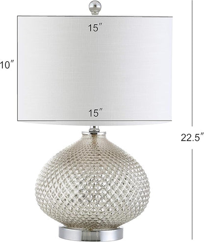 JONATHAN Y 22.5" Mercury Silver Textured Glass Table Lamp, Contemporary Nightstand Lamp for Living Room Bedroom, White Linen Drum Shade, LED Bulb Included JYL1082A
