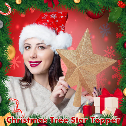 Tree Toppers Christmas Decorations, 10" Champagne Christmas Tree Star Topper, Hard Star Tree Topper Christmas Decorations Glitter Xmas Ornament for Holiday Home Xmas Party Decor Gathering Ornament