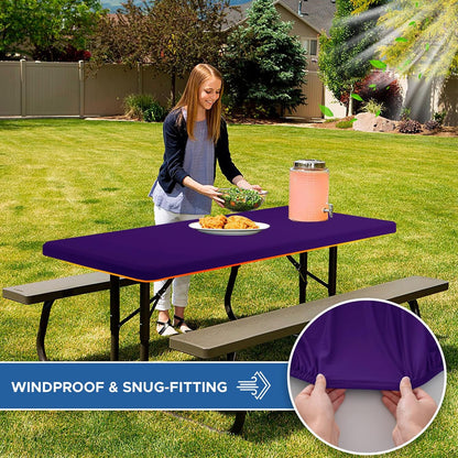 Fitted Tablecloth for 8 foot Rectangle Table-4 Pack Dark Purple Elastic Outdoor Picnic Table Cover-Spandex Stretch Folding Tablecloths 8ft for Camping Dining Room Patio Kitchen Banquet Party
