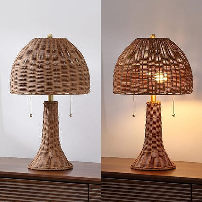 JONATHAN Y 22" Dark Brown/Brass Gold Bohemian Rustic LED Table Lamp for Bedroom, Natural Rattan Shade, Farmhouse Coastal Nightstand Lamp for Living Room, LED Bulbs Included (JYL4040C)