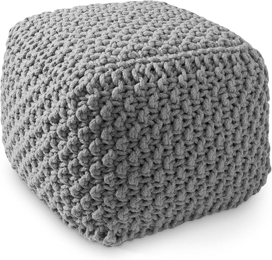 Casafield Square Pouf Ottoman, Light Gray 18.5" W x 18.5" D x 14.5" H Cotton Knit Foot Stool - Boho Floor Pouffe for Living Room, Bedroom, Home Office