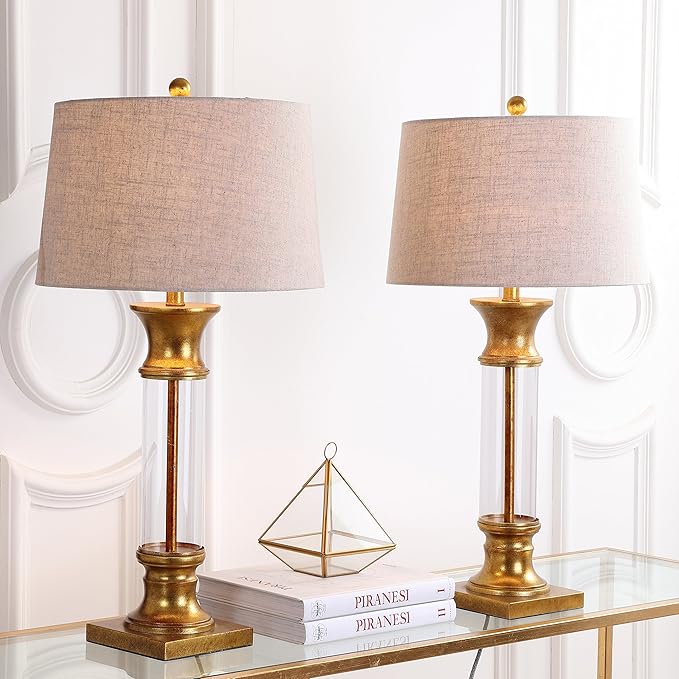 JONATHAN Y 32" Gold/Clear Glass Table Lamp Set of 2 for Living Room, Rustic Farmhouse Bedside Nightstand Lamps with Gray Linen Drum Shade, LED Bulbs Included (JYL4000B-SET2)