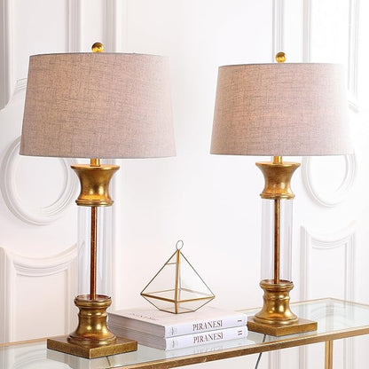 JONATHAN Y 32" Gold/Clear Glass Table Lamp Set of 2 for Living Room, Rustic Farmhouse Bedside Nightstand Lamps with Gray Linen Drum Shade, LED Bulbs Included (JYL4000B-SET2)