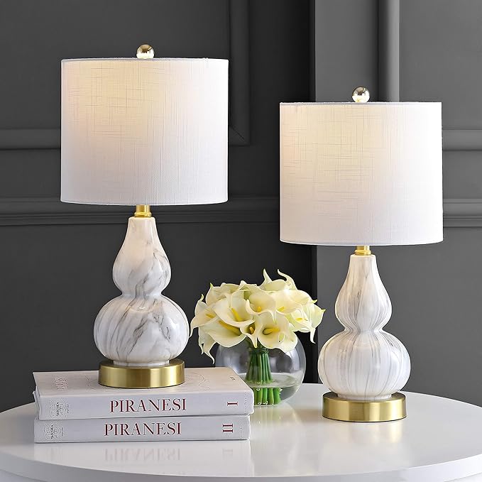 JONATHAN Y 20.5" Black/White Glass Table Lamp, Modern Gourd Bedside Nightstand Lamp for Bedroom, Living Room, White Linen Shade, LED Bulb Included (JYL1028D-SET2)