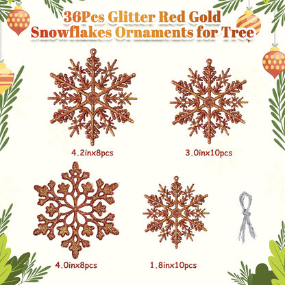 36pcs Snowflakes-Christmas Tree Decorations, Snowflake Ornaments for Tree, Plastic Glitter Red Gold Snow Flakes Ornaments, Christmas Indoor Winter Wonderland Frozen Birthday Party Holiday Home Decor