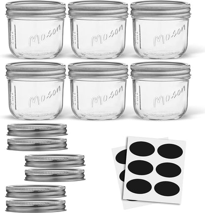 JoyJolt 8 Oz Mason Jars With Lids, Labels and Measures! 6-Pack Wide Mouth Mason Jars, Glass Jar with Lid and Band. Airtight Canning Jars, Overnight Oats Jars, Salad Jars, Sourdough Starter Jar