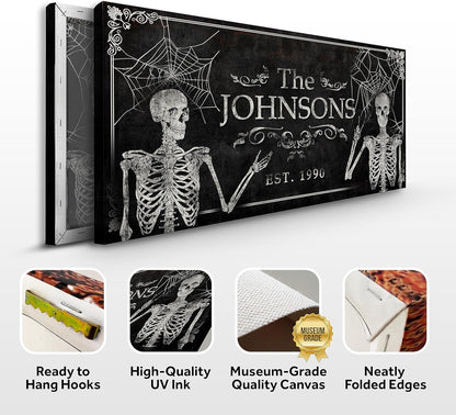 Tailored Canvases Gothic Family Wall Decor - Personalized Grunge Vintage Skeleton Room Decor for Home, Halloween Lovers, Men & Women for Bedroom, Living Room - Custom Couple Name, White Print, 60"x30"