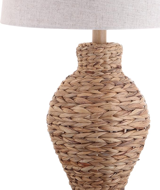 JONATHAN Y 31" Natural Woven Water Hyacinth Table Lamp for Living Room, Coastal Farmhouse Urn Bedside Lamp with Gray Linen Drum Shade, LED Bulb Included JYL1015A