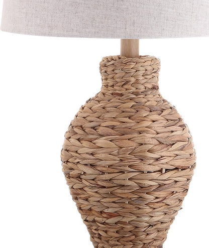 JONATHAN Y 31" Natural Woven Water Hyacinth Table Lamp for Living Room, Coastal Farmhouse Urn Bedside Lamp with Gray Linen Drum Shade, LED Bulb Included JYL1015A
