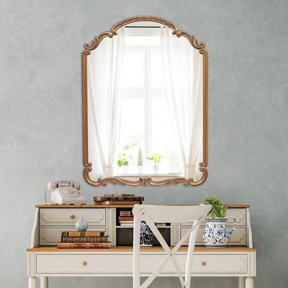 English Estate Carved Arch Wood Wall Mirror, Mirror for Entryway, Living Room, Bathroom, Antique Gold, 22x30
