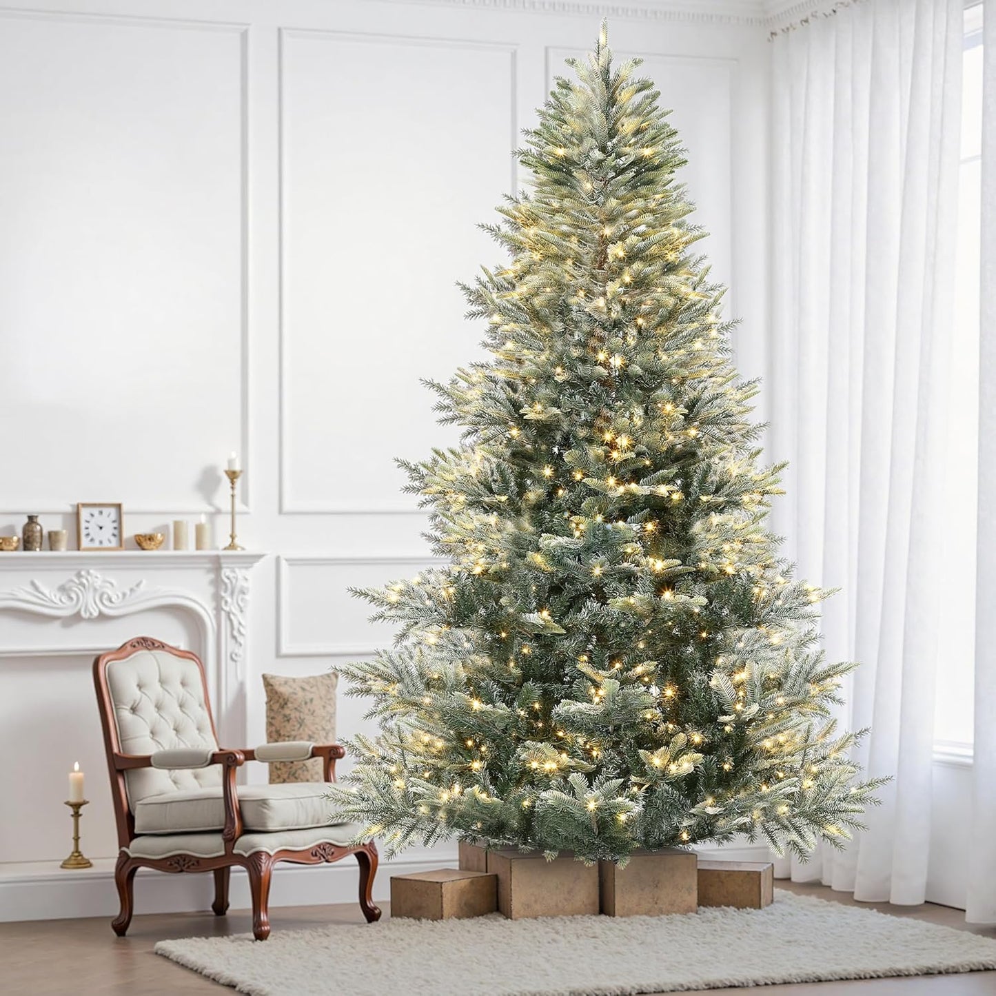 GarveeHome 6.5 FT Lighted Aspen Fir Christmas Tree,Flocked Green Artificial Christmas Tree with Warm White & Twinkle Lights for Indoor,Outdoor, Holiday Décor, Metal Hinges, Foldable Base
