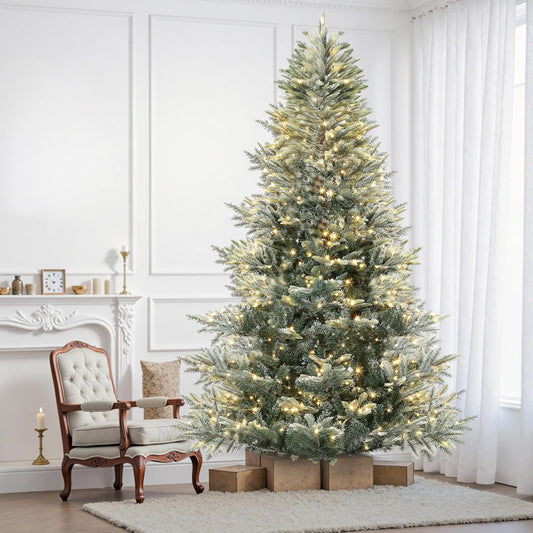 GarveeHome 6.5 FT Lighted Aspen Fir Christmas Tree,Flocked Green Artificial Christmas Tree with Warm White & Twinkle Lights for Indoor,Outdoor, Holiday Décor, Metal Hinges, Foldable Base