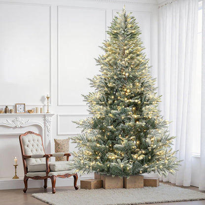 GarveeHome 7.5 FT Lighted Aspen Fir Christmas Tree,Flocked Green Artificial Christmas Tree with Warm White & Twinkle Lights for Indoor,Outdoor, Holiday Décor, Metal Hinges, Foldable Base